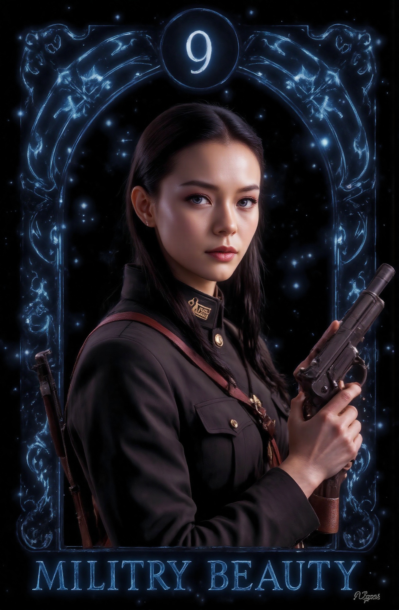 Score_9,  a handsome and neat military uniform beauty tarot card. The name of the tarot card,  "Military Beauty on Tensor.Art