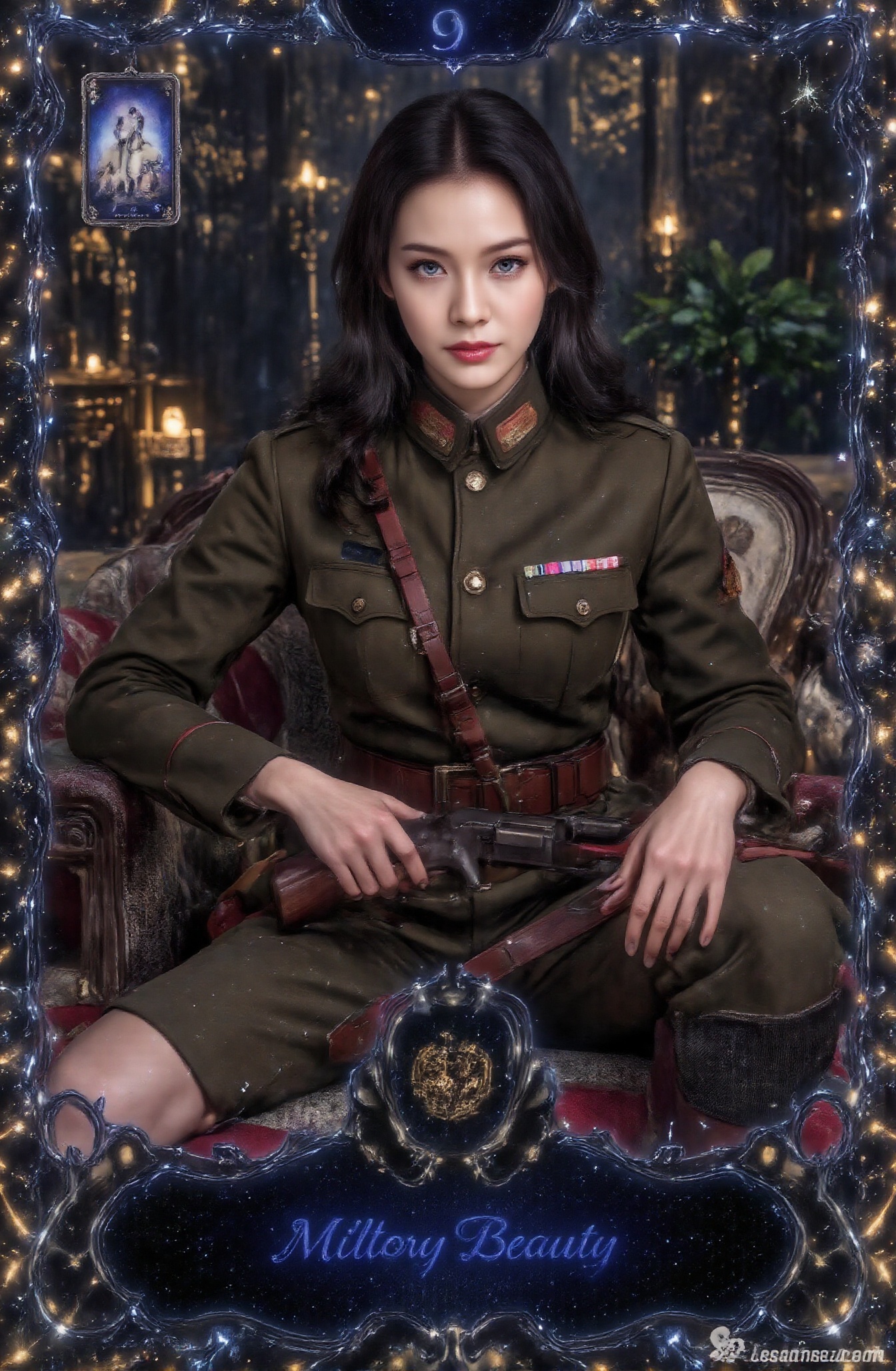 Score_9,  a handsome and neat military uniform beauty tarot card. The name of the tarot card,  "Military Beauty on Tensor.Art