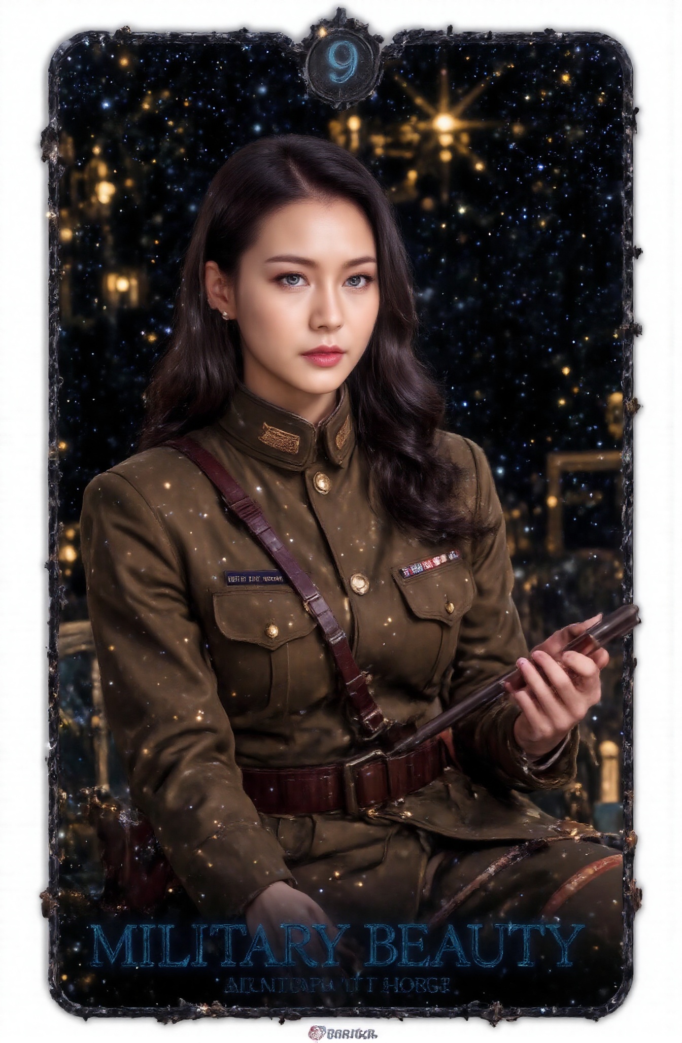 Score_9,  a handsome and neat military uniform beauty tarot card. The name of the tarot card,  "Military Beauty on Tensor.Art