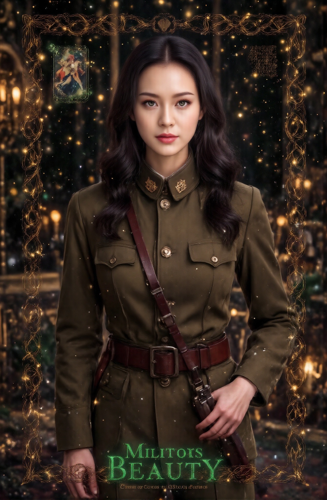 Score_9,  a handsome and neat military uniform beauty tarot card. The name of the tarot card,  "Military Beauty on Tensor.Art