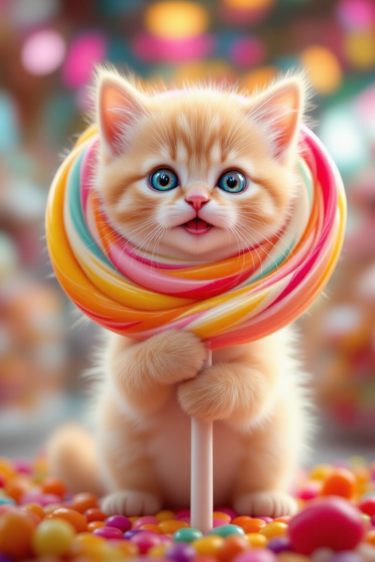 "Create a stunning,  hyper-realistic image of a tiny kitten holding a gigantic lollipop,  with a facial expression that ra...