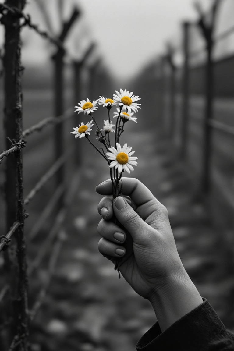 Black and white photograph,  high contrast,  close-up shot of a small girl's frail hand holding a tiny bouquet of daisies...