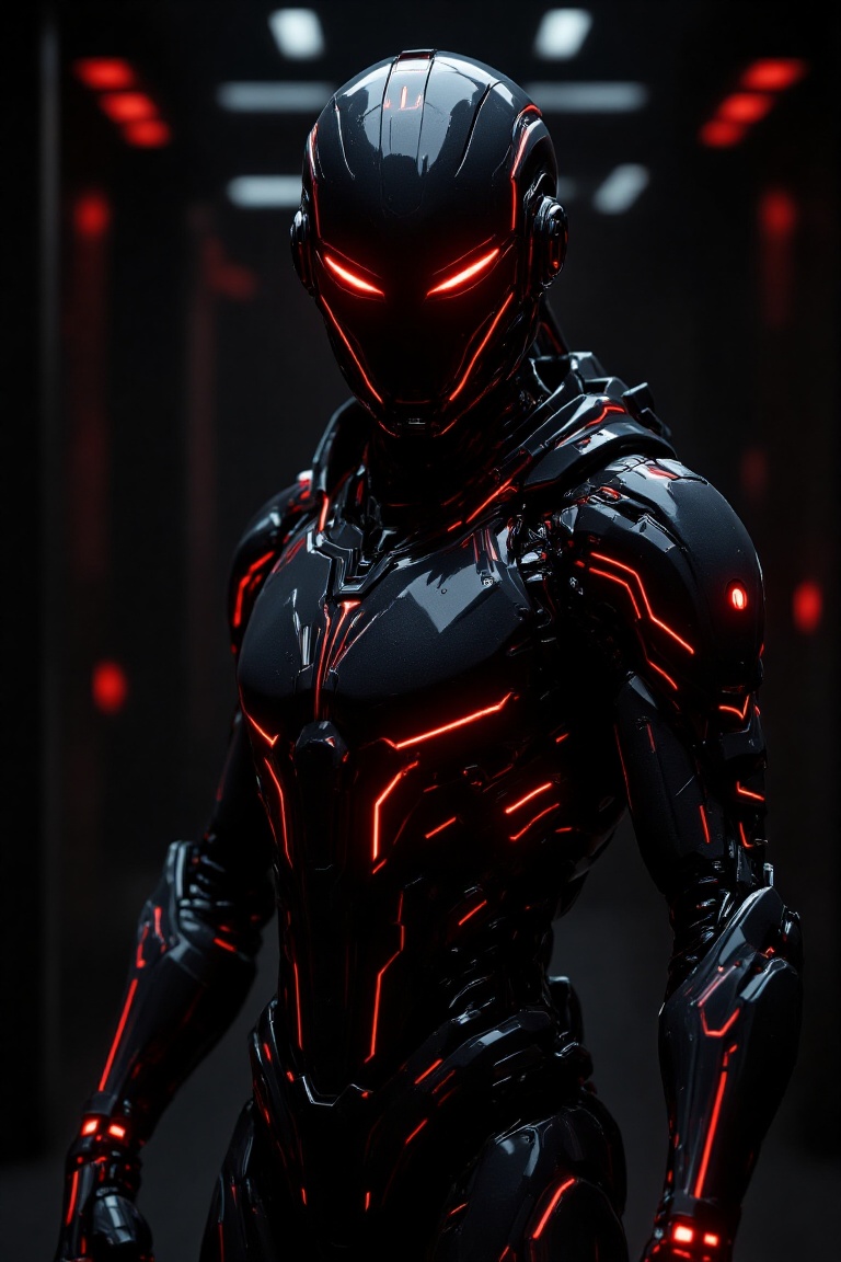 A futuristic,  robotic warrior with a sleek,  glossy black and red armor on Tensor.Art