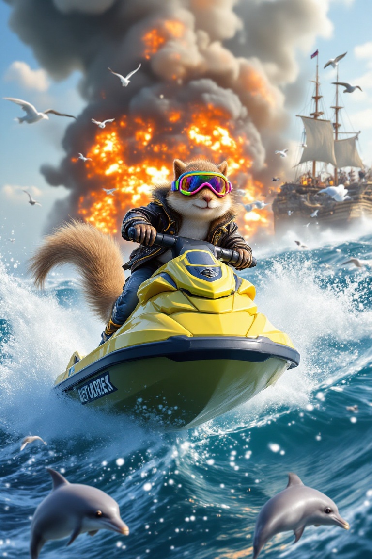 A squirrel absolutely dominating on a jet ski,  mid-air off a massive ocean wave. The squirrel,  rocking a tiny pair of ne...