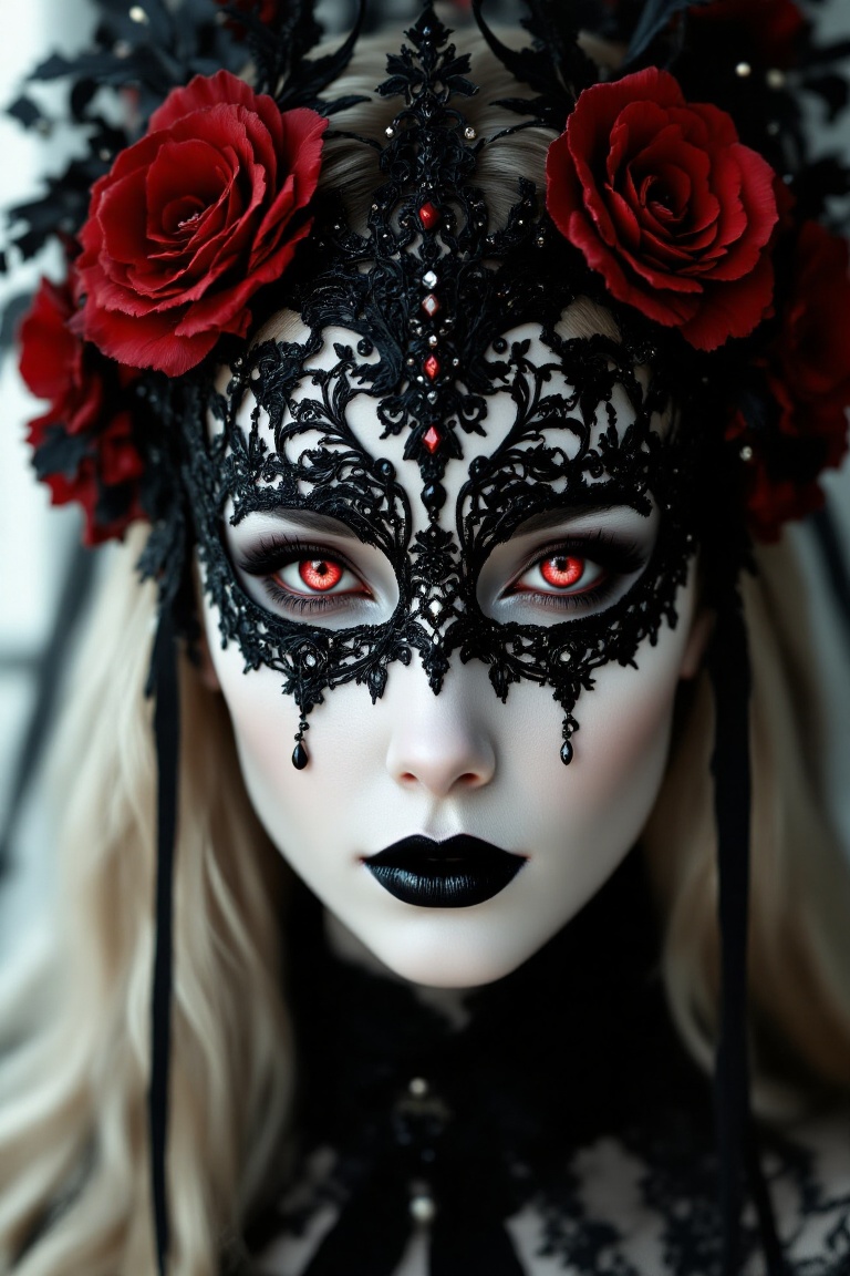 High-quality photograph of a woman with pale skin and red eyes,  wearing black lipstick and a detailed black lace mask ado...