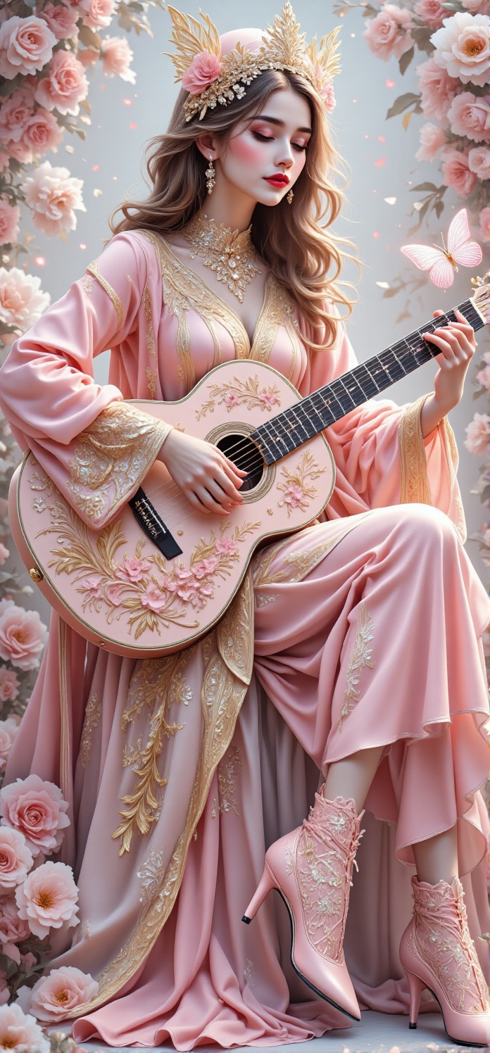 The image shows a young woman dressed in a pink outfit with gold accents,  sitting and playing a guitar adorned with color...