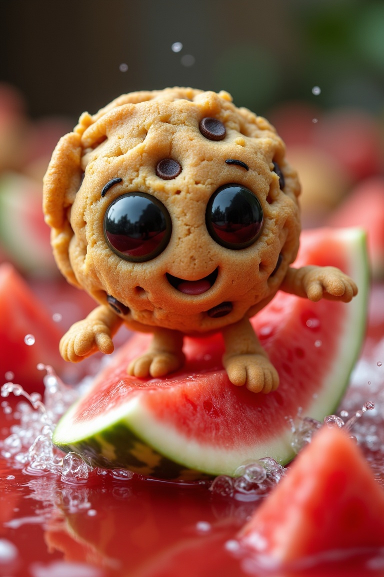 A cute anthropomorph chip cookie with black reflective eyes surfing on a giant slice of watermelon through a river of frui...