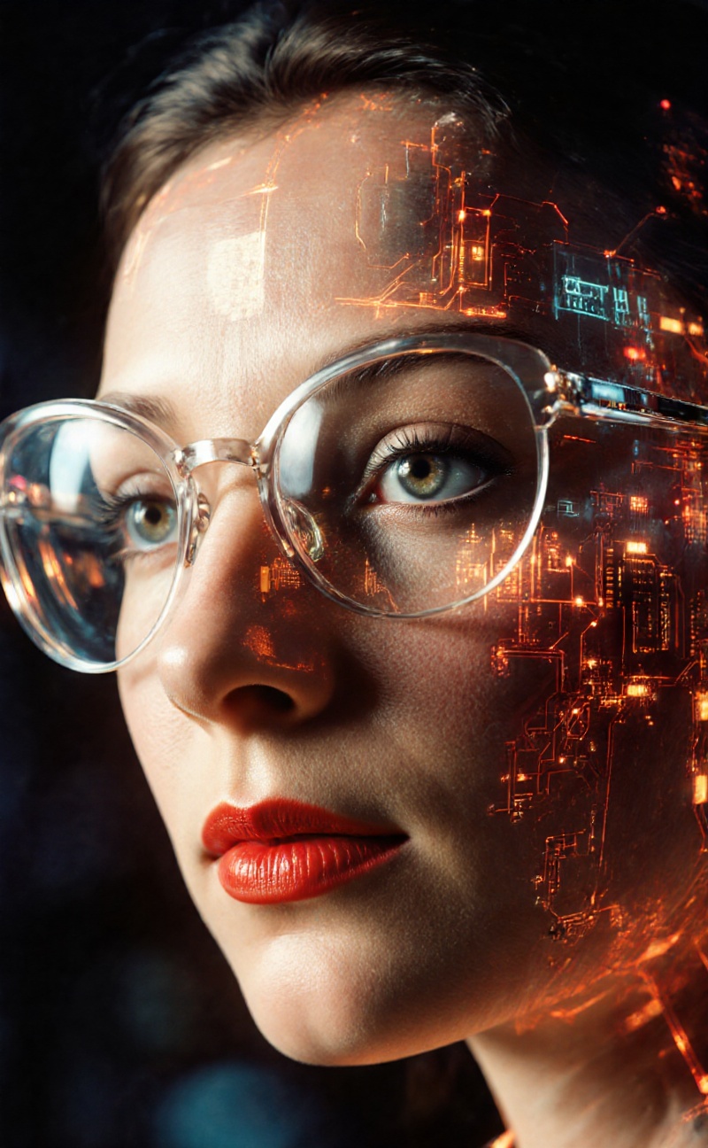 Close-up profile view of a woman's face,  seemingly overlaid or integrated with a complex network of glowing circuit board...