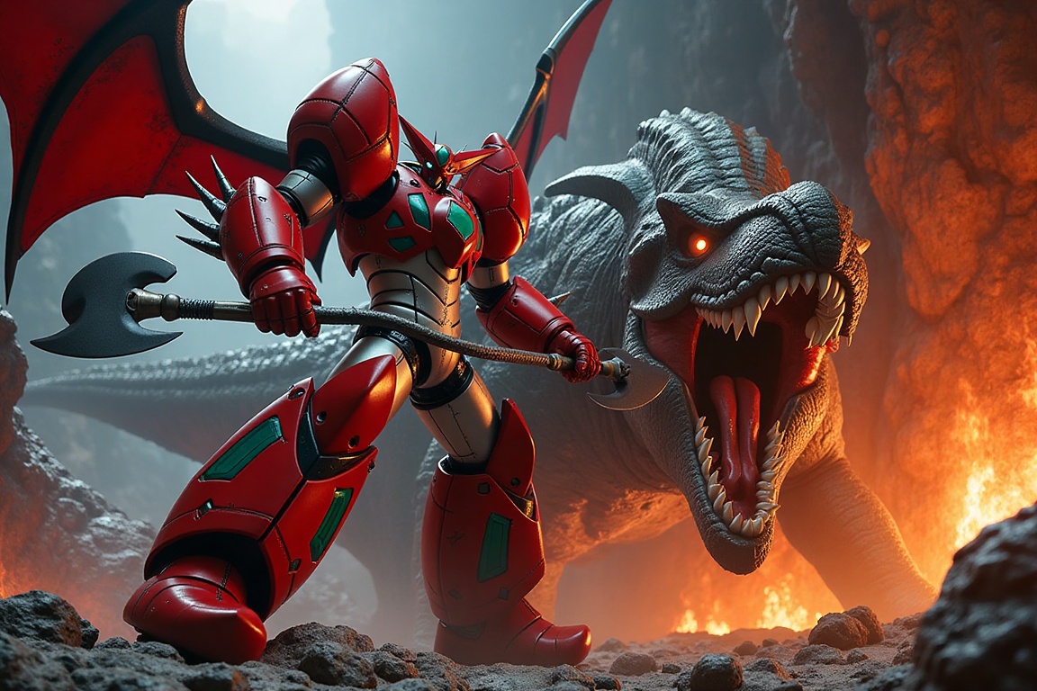 getter robo,  shin getter,  attacking a dinosaur style monster on Tensor.Art