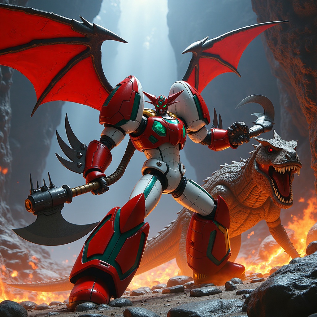 getter robo,  shin getter,  attacking a dinosaur style monster on Tensor.Art