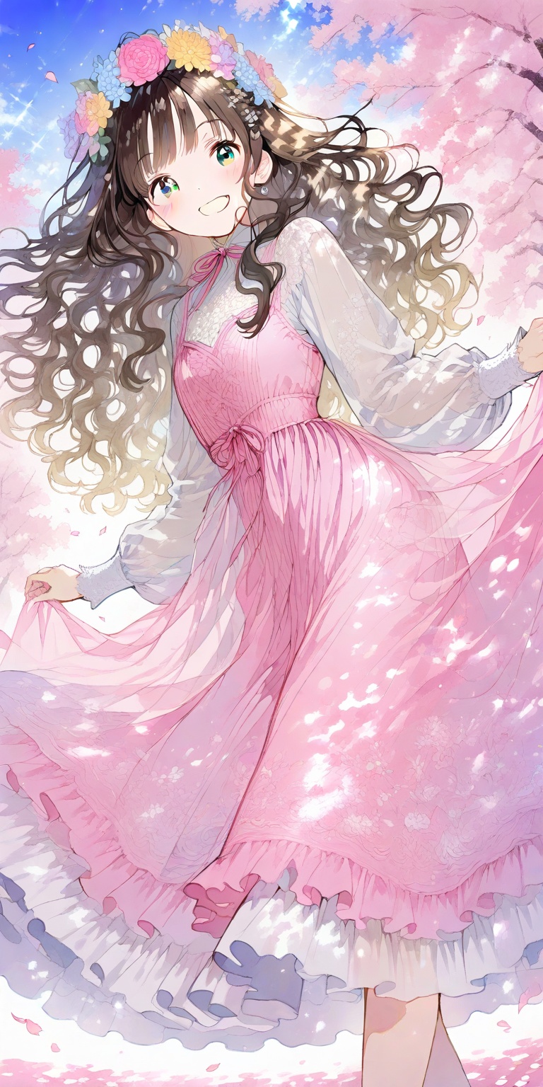 Long wavy hair,  flower crown,  pink tulle dress on Tensor.Art