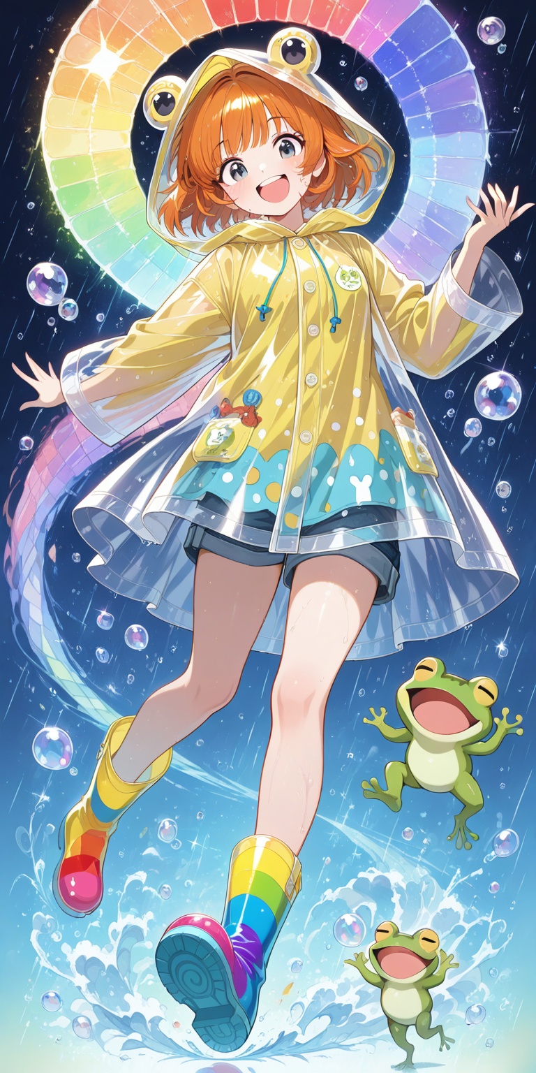 Short hair,  a hooded raincoat with frog ears,  colorful rain boots on Tensor.Art
