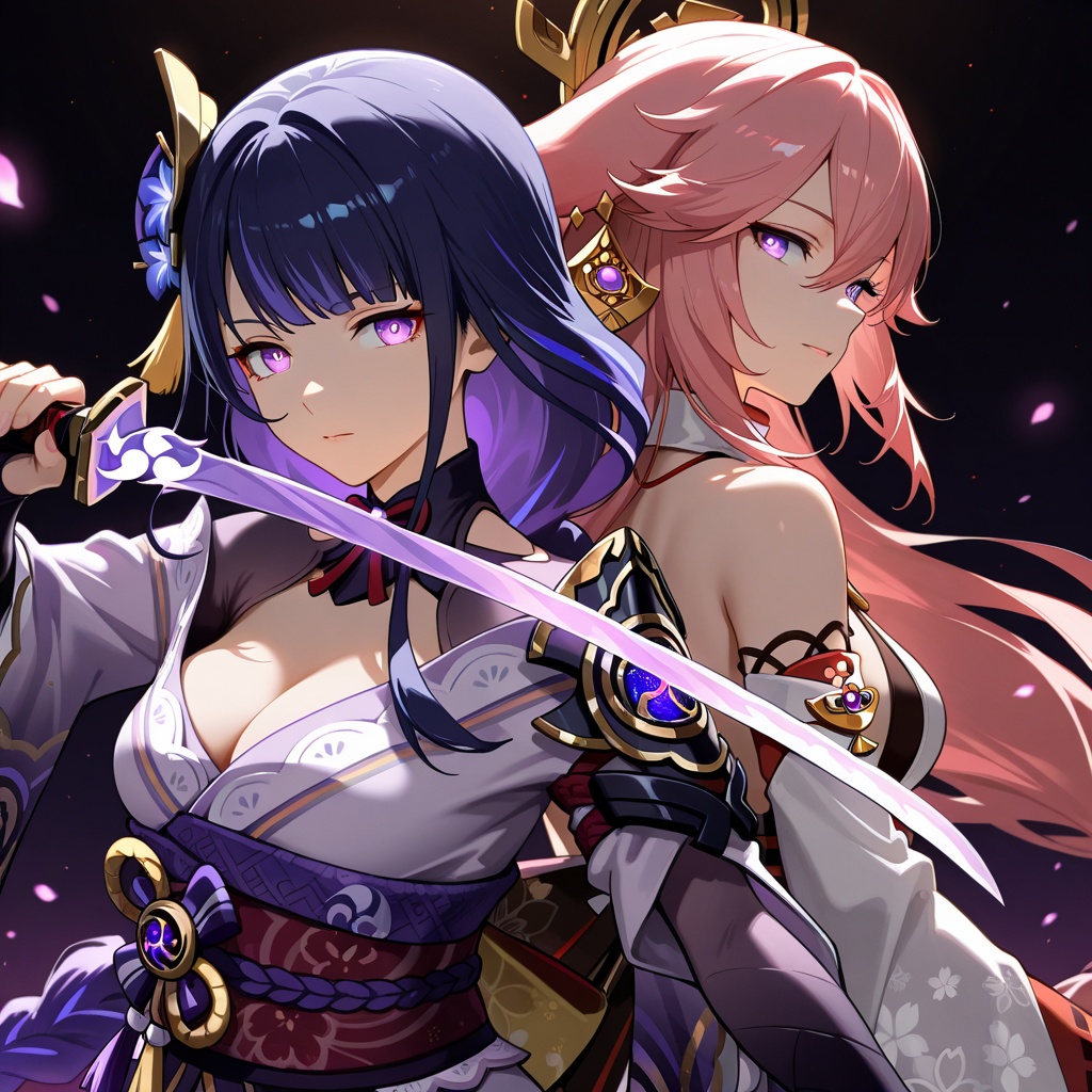 2girls,  glowing eyes,  raiden shogun on Tensor.Art