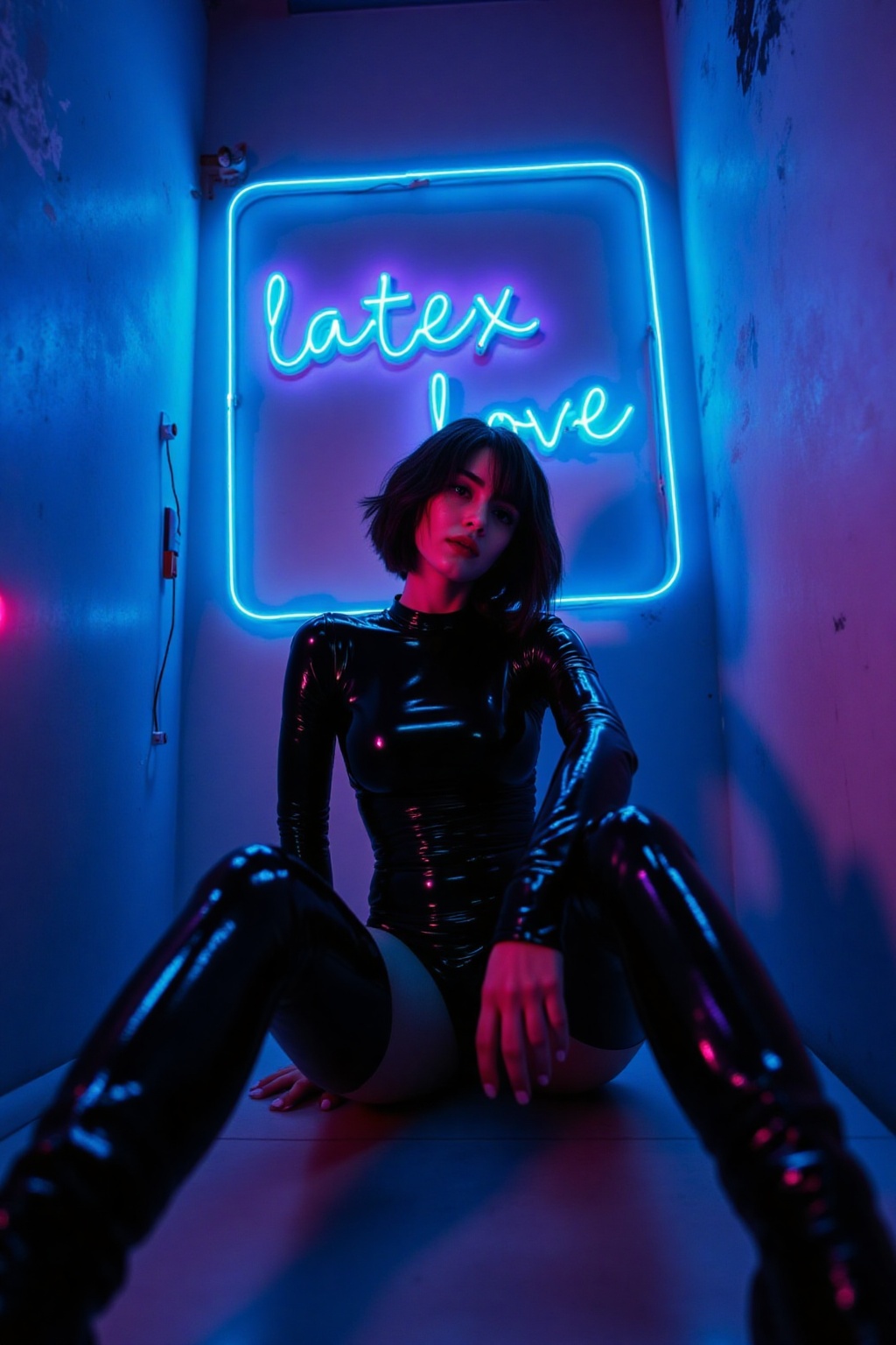 The image depicts a woman sitting on the floor in a dimly lit room with a blue and purple neon sign in the background that...