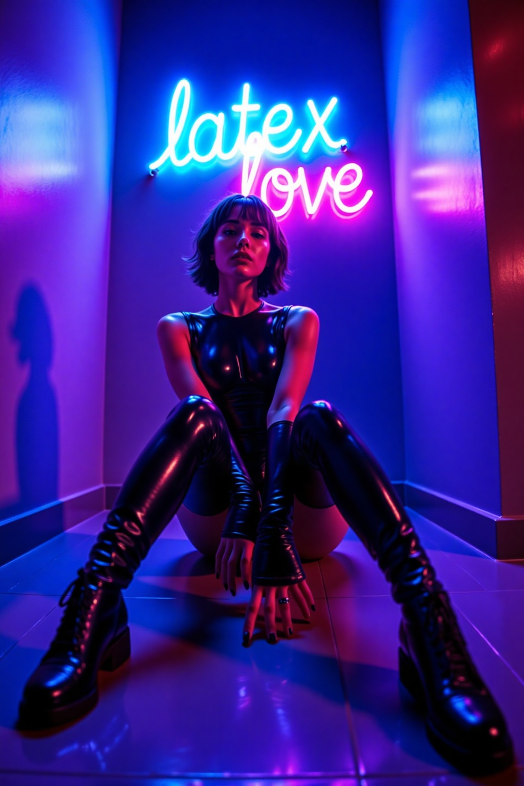The image depicts a woman sitting on the floor in a dimly lit room with a blue and purple neon sign in the background that...