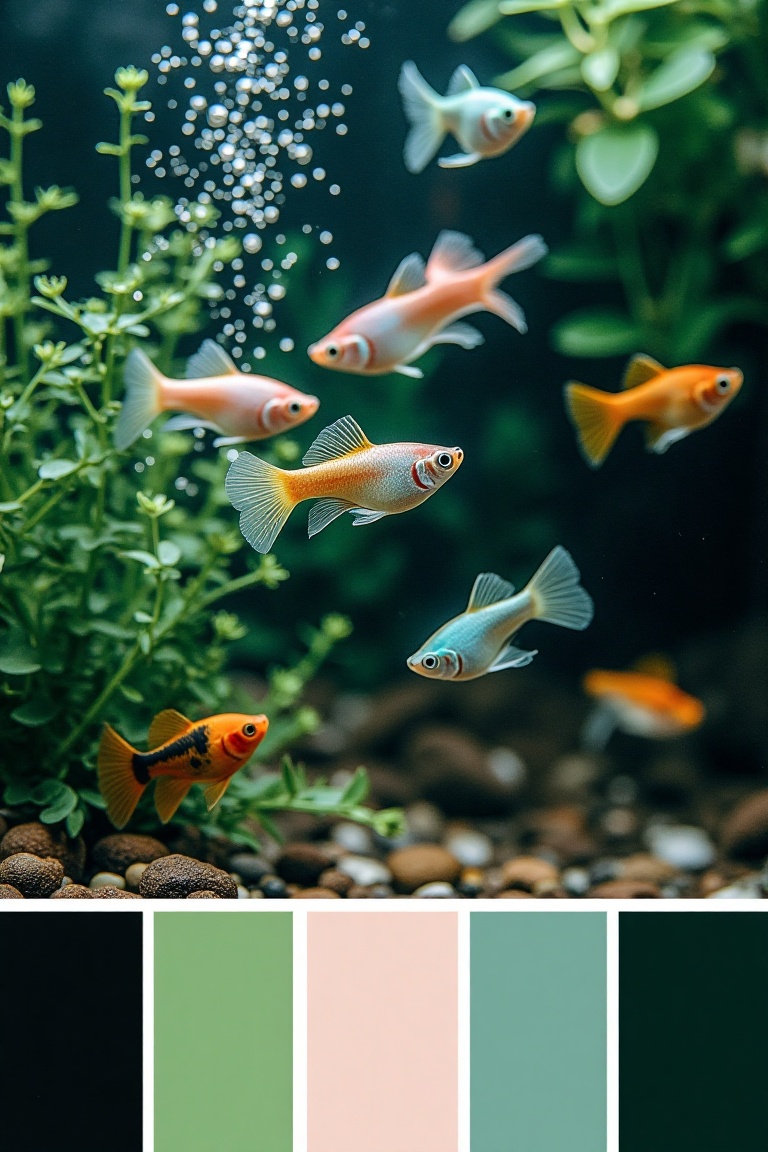 An aquarium scene filled with vibrant guppy fish,  framed as a close-up shot through the glass. Lighting is soft and diffu...