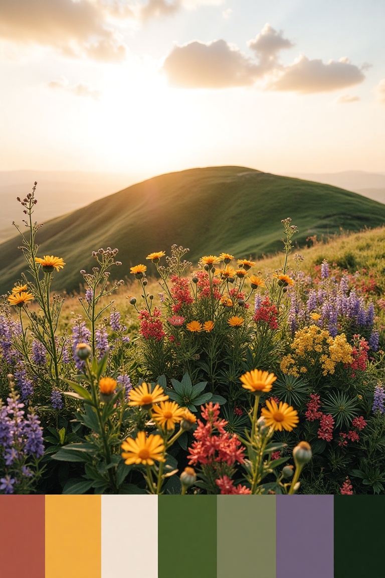 A serene landscape featuring a green hill under a soft,  golden hour sky. Wildflowers bloom vibrantly across the foregroun...