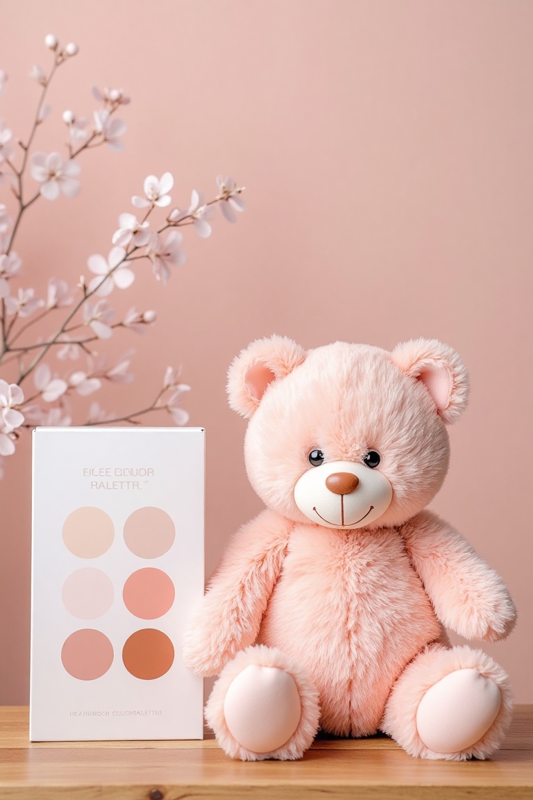 A close-up shot of a cute pink teddy bear sitting on a wooden table,  with a hex color code palette box displayed prominen...