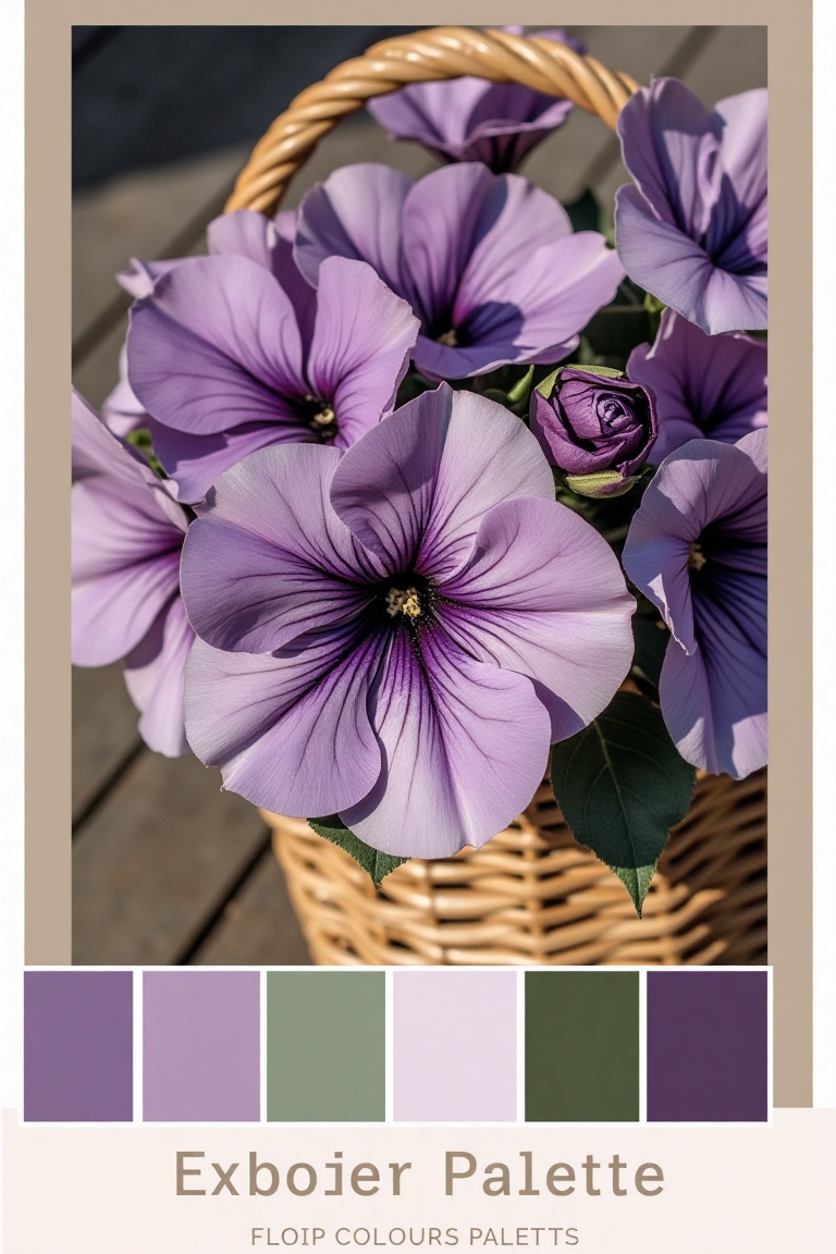 A close-up shot of a purple petunia in a woven basket,  set against a soft hex color palette box background. The lighting...