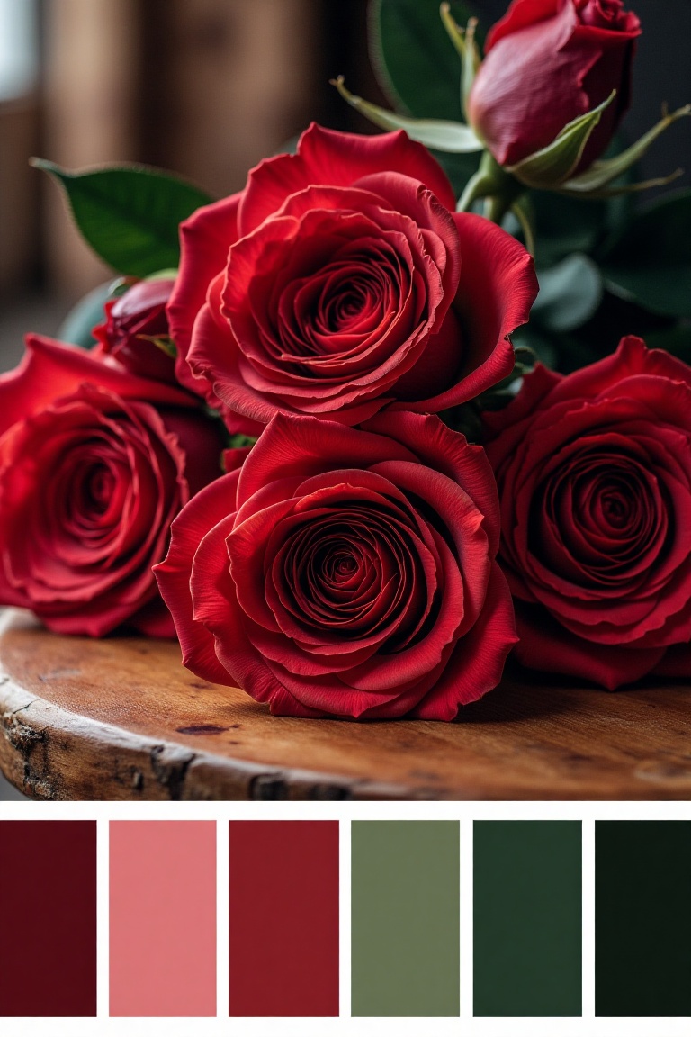 Red roses on a table,  framed as a close-up shot with soft lighting. Composition includes a hex color palette box: #FF0000...