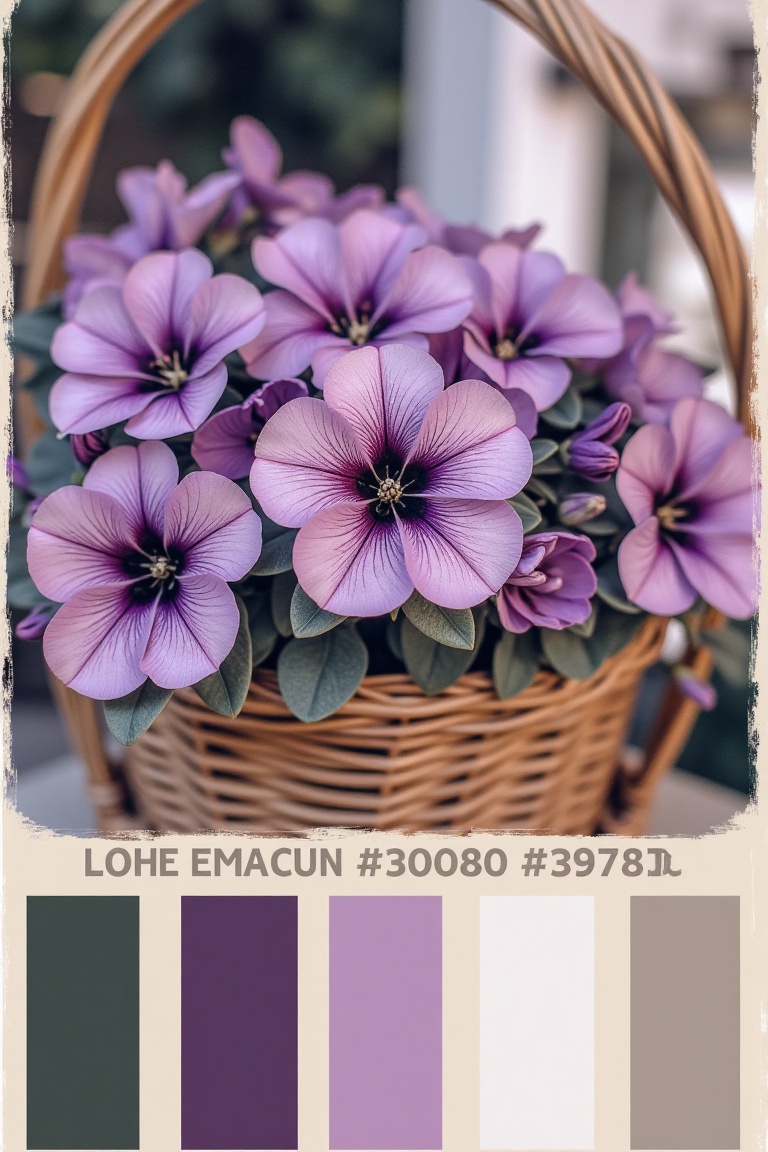 A close-up shot of a purple petunia in a woven basket,  set against a soft hex color palette box background. The lighting...