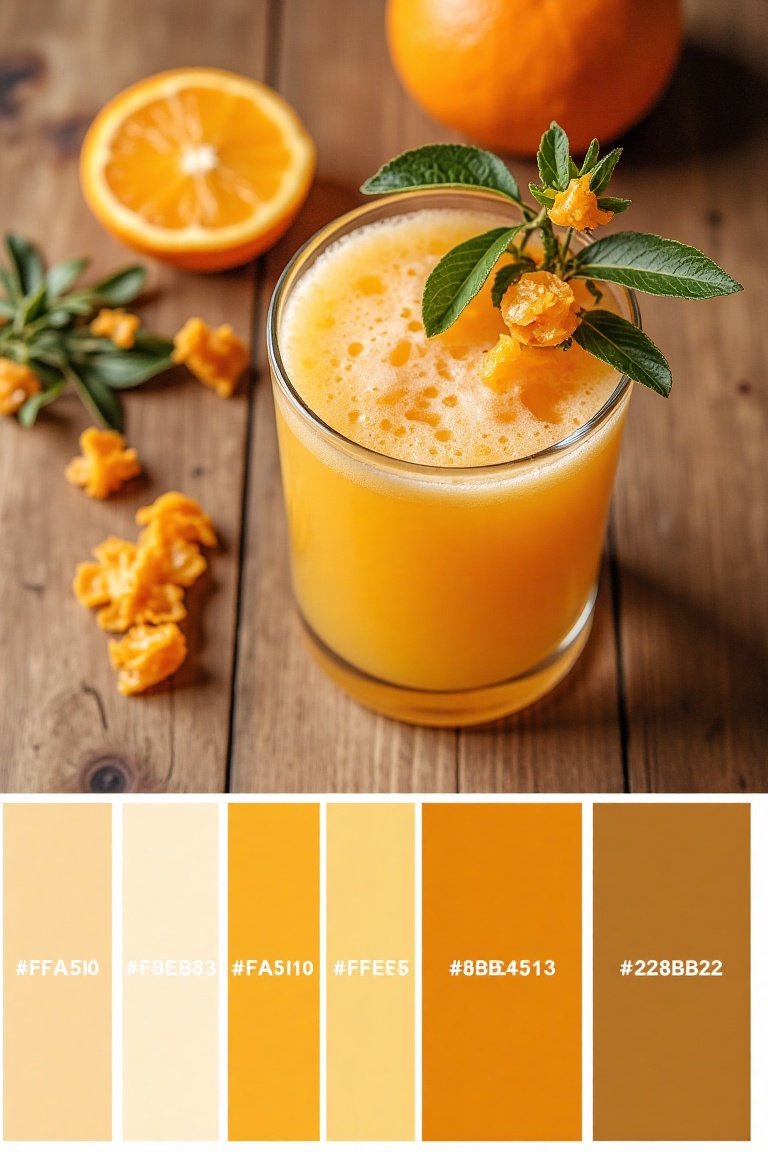 A glass of orange juice on a wooden table,  framed as a top-down shot with soft natural lighting. Composition includes a h...