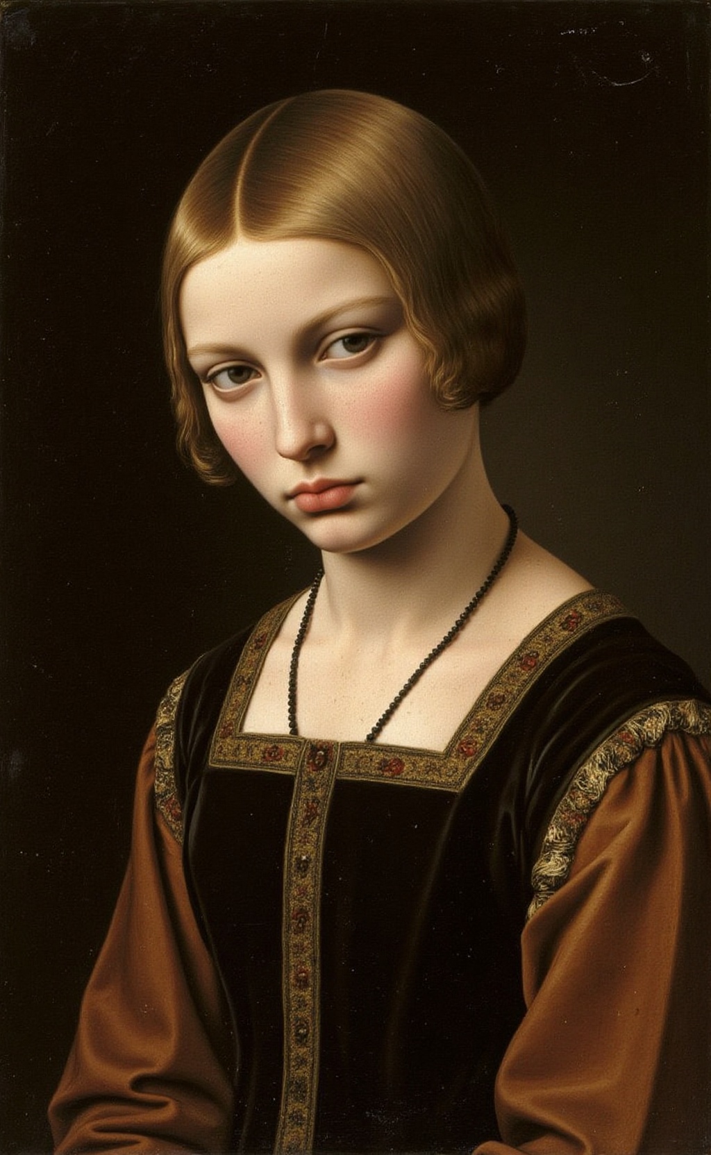 daCodex style oil painting,  layered glazes. 15th century. Portrait of a young woman. She has a pouting facial expression....