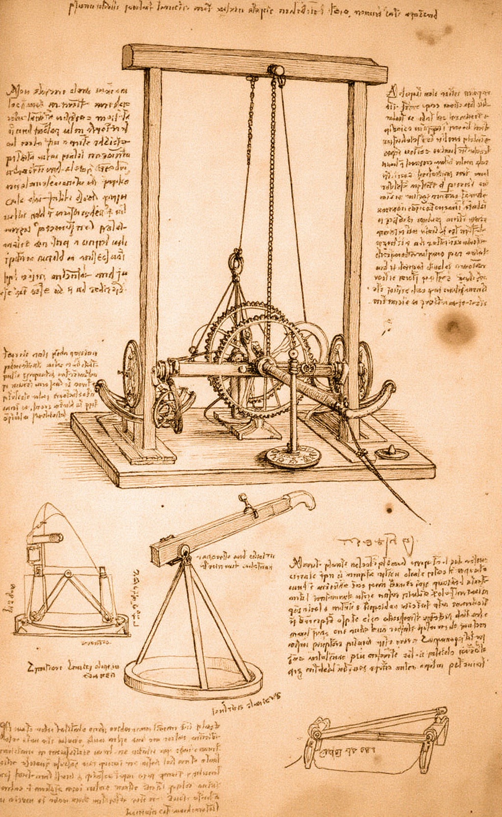 daCodex style drawing,  cross-hatching. A detailed 15th-century sketch of an intricate mechanical device designed for lift...