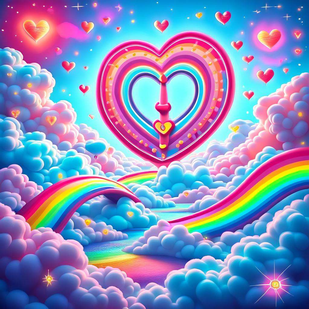 carebearland,  a whimsical movie poster for a children's film,  featuring large heart-shaped palace doors adorned with col...