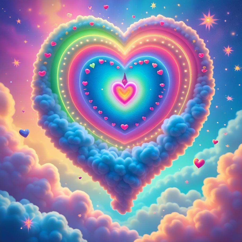 carebearland,  a whimsical movie poster for a children's film ,  featuring a large red heart-shaped barometer atop a high...