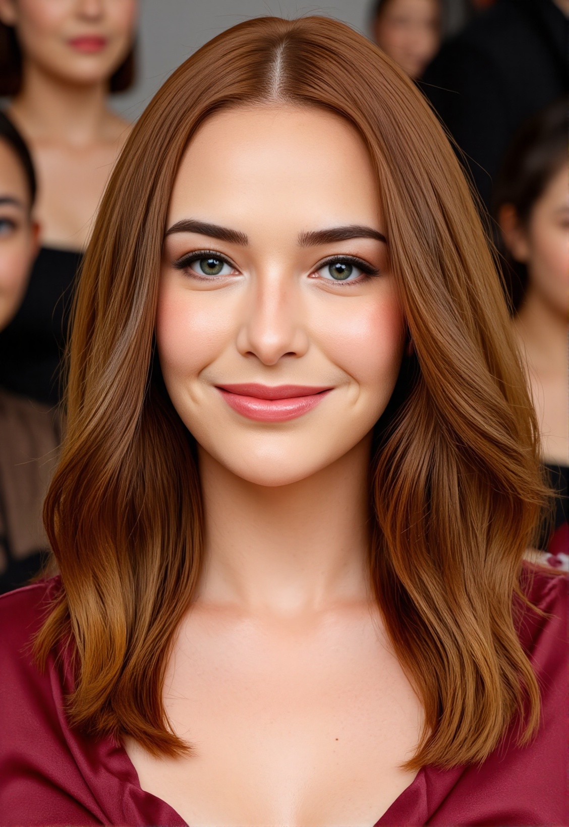 A stunning portrait of a 20-year-old woman with flowing auburn-red hair cascading past her shoulders in soft,  natural wav...