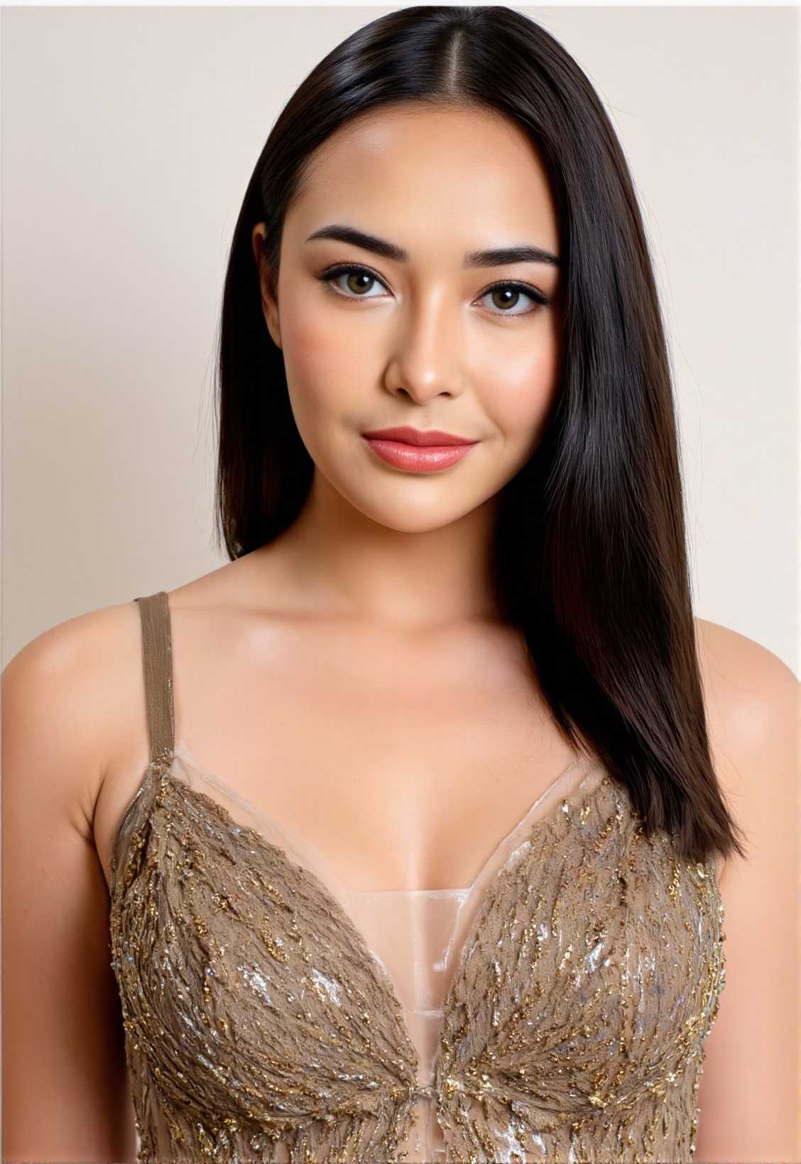 Imagine a striking upper body portrait of a 20-year-old woman within the artistic realm of a photo studio,  her gaze fixed...