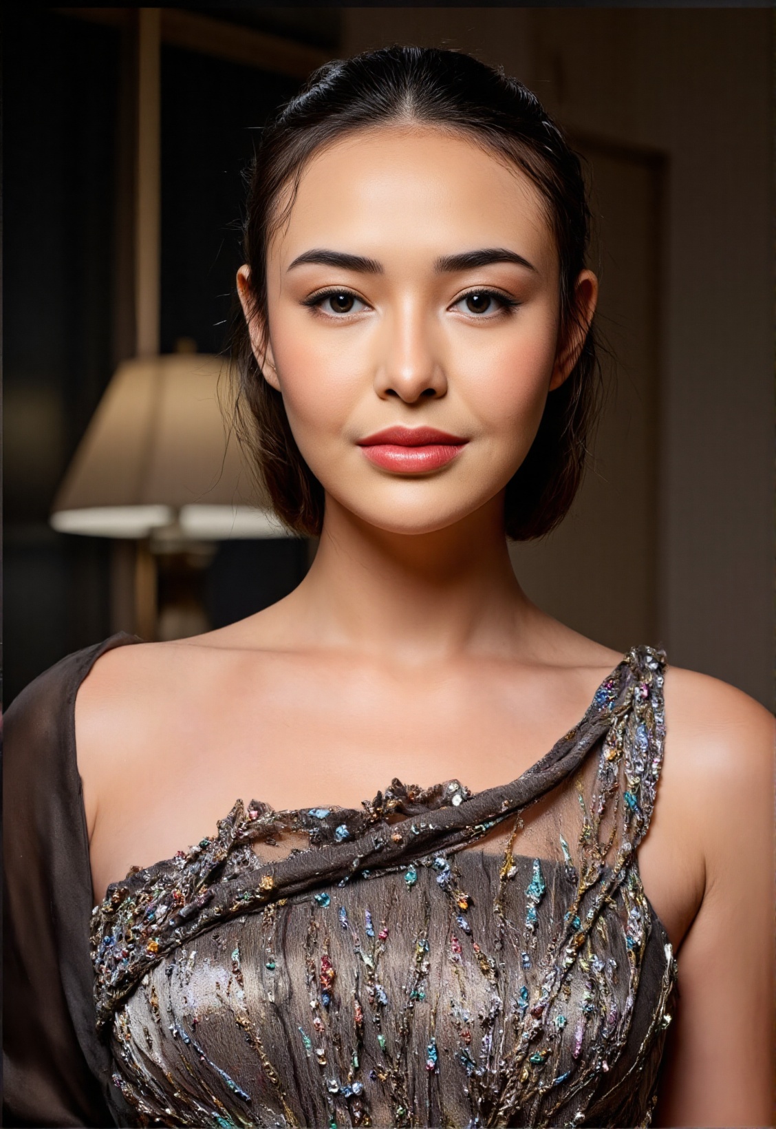 Imagine a striking upper body portrait of a 20-year-old woman within the artistic realm of a photo studio,  her gaze fixed...