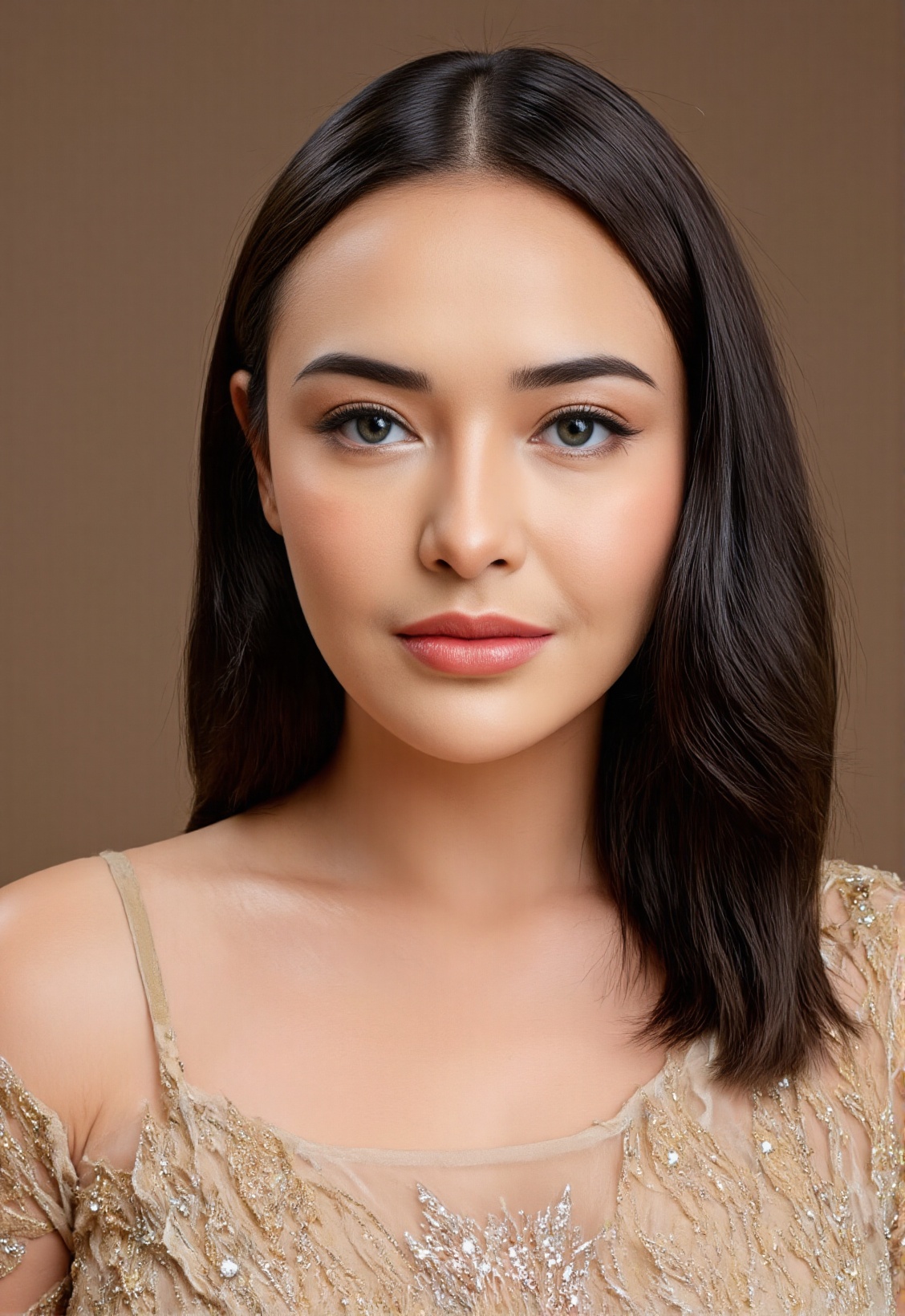 Capture an upper body shot of a 20-year-old woman within the artistic environment of a photo studio,  her eyes locking wit...