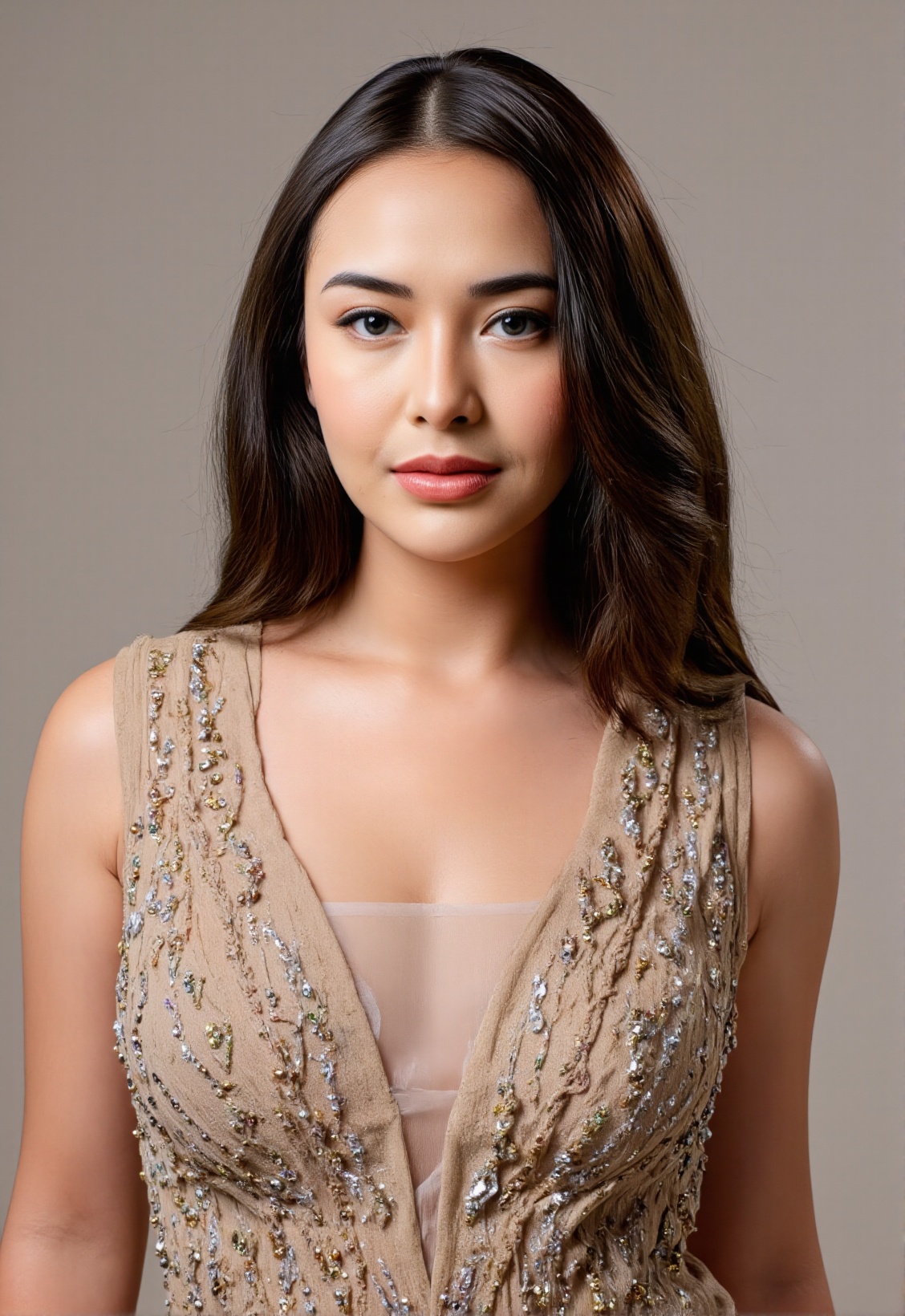 Depict an upper body portrait of a 20-year-old woman in a professional photo studio,  her gaze directly engaging the camer...