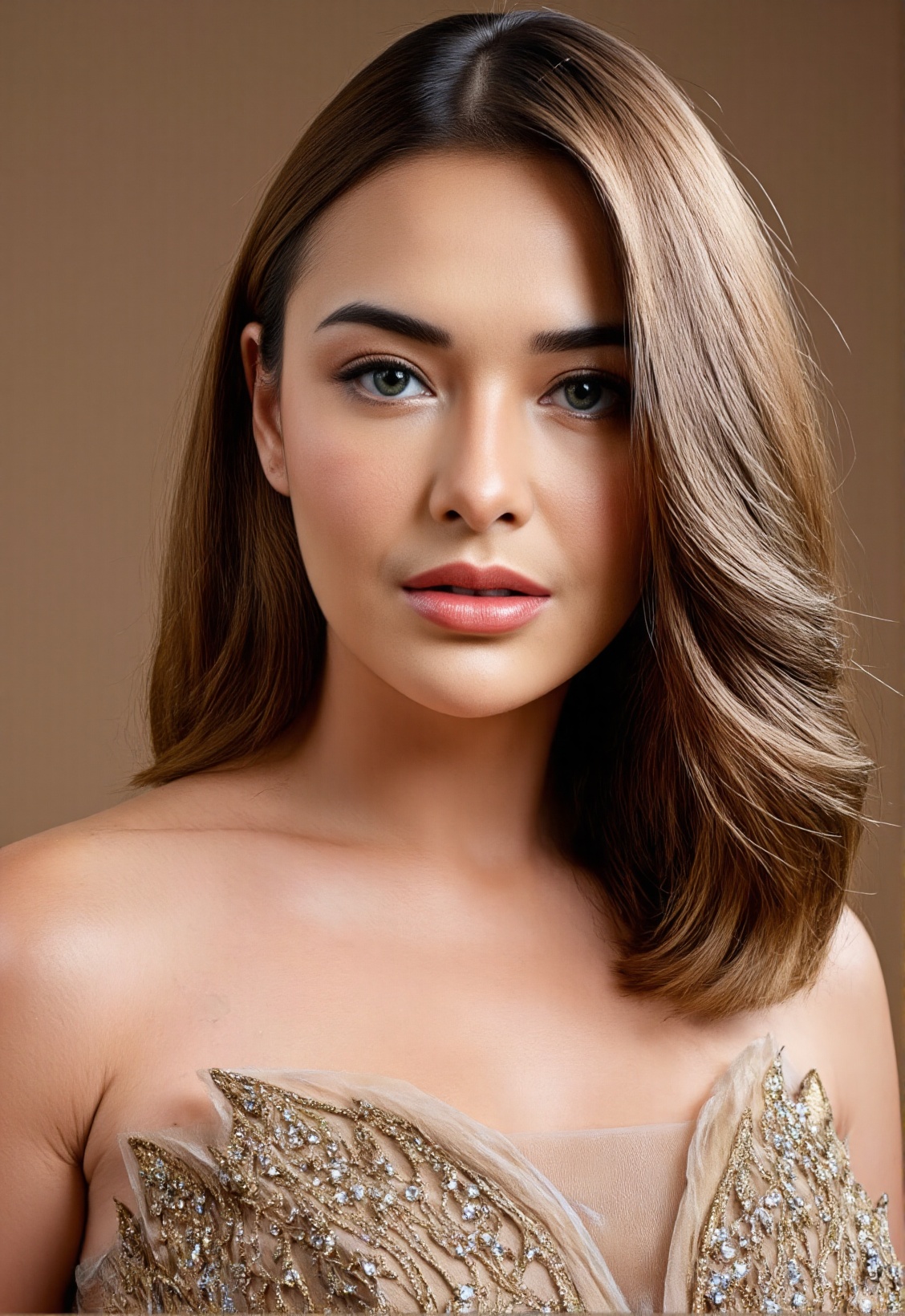 Capture an upper body shot of a 20-year-old woman within the artistic environment of a photo studio,  her eyes locking wit...