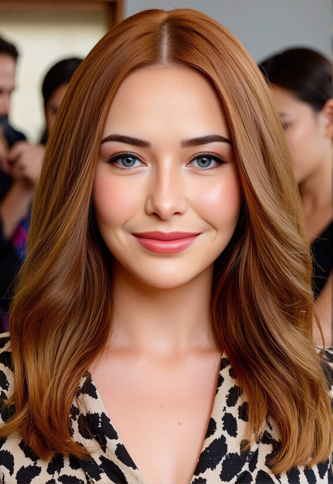 A stunning portrait of a 20-year-old woman with flowing auburn-red hair cascading past her shoulders in soft,  natural wav...