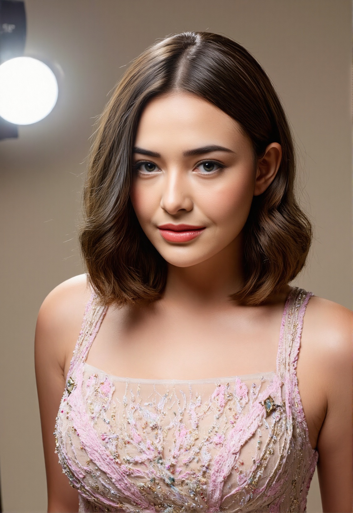 Depict an upper body portrait of a 20-year-old woman in a professional photo studio,  her gaze directly engaging the camer...