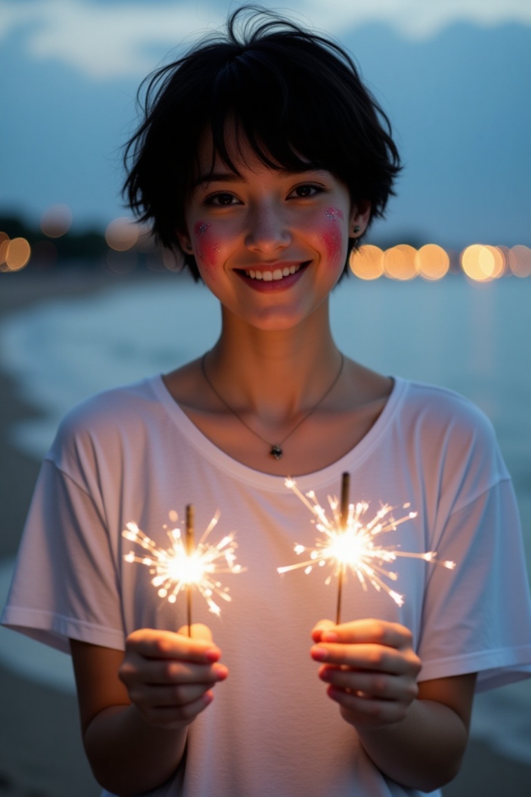 A young woman with short,  messy black hair stands on a beach at dusk,  holding two sparklers in both hands. She wears a l...