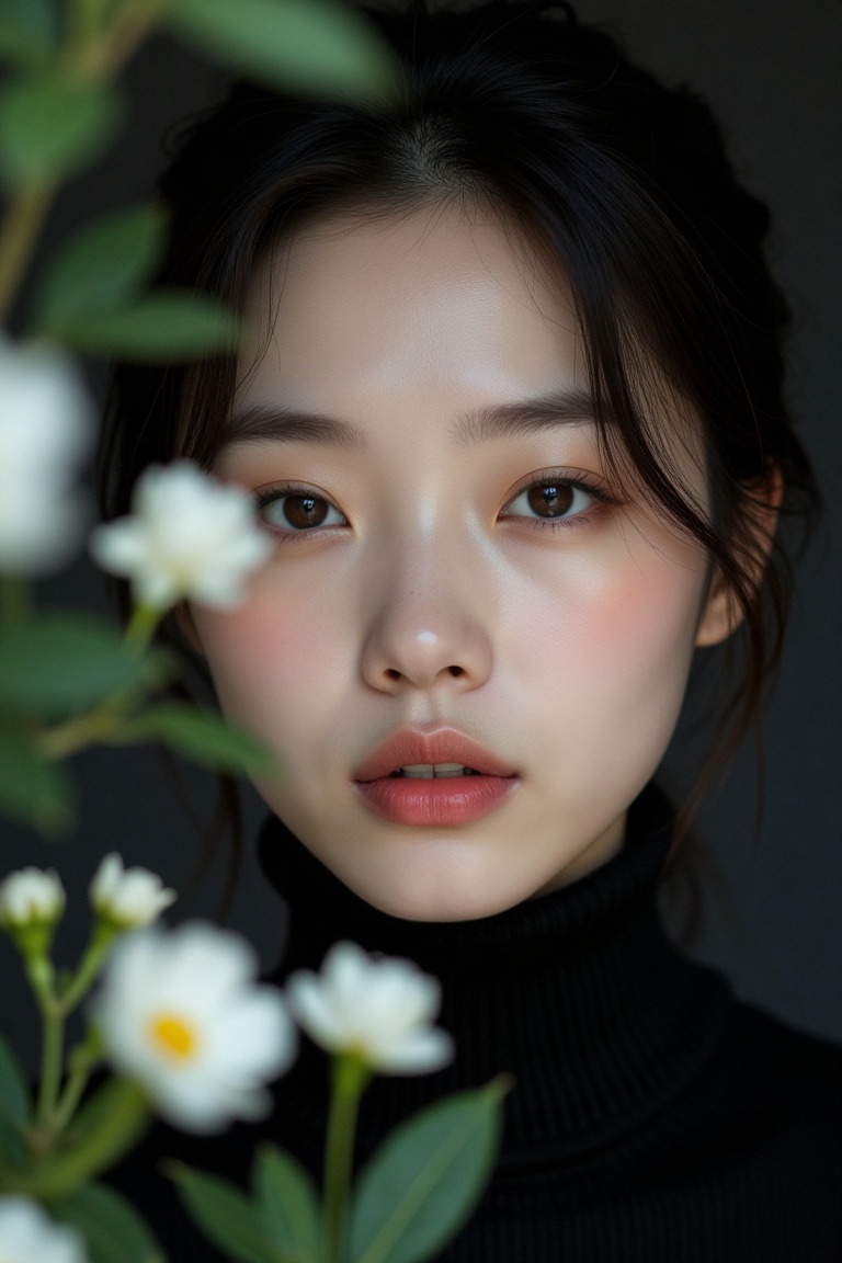 A stunning portrait of a young East Asian woman with delicate and symmetrical facial features. She has deep,  dark eyes wi...