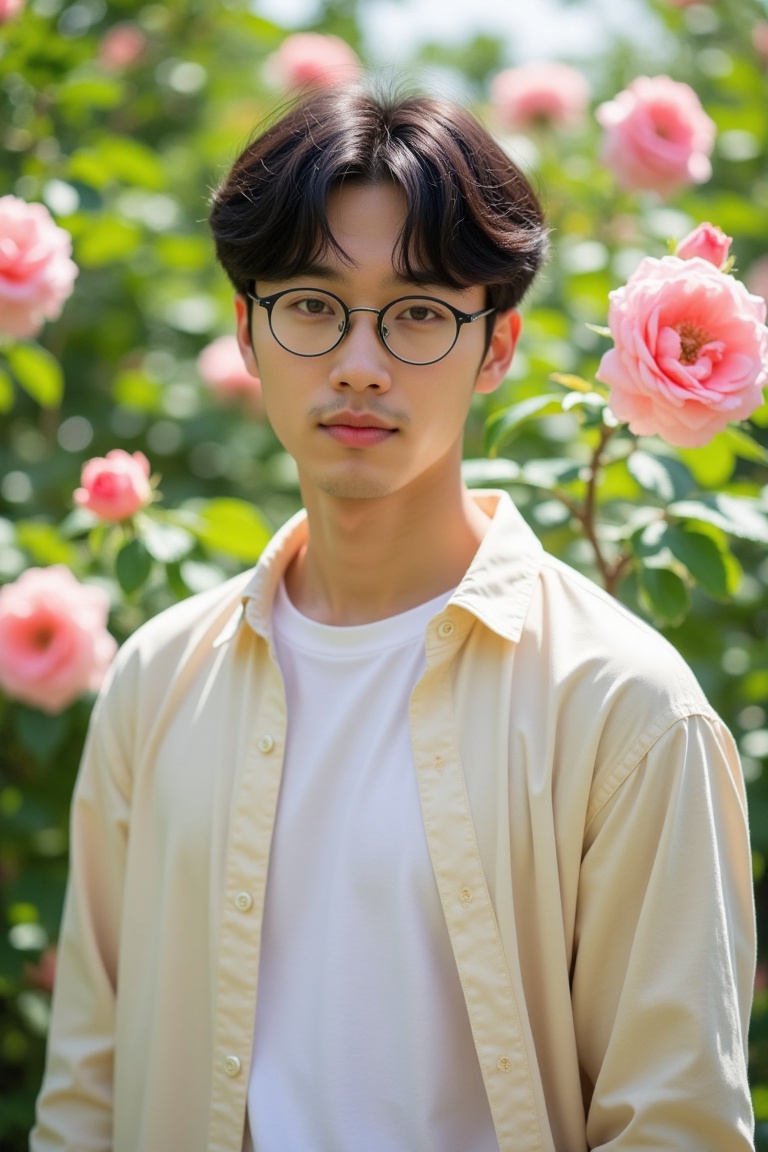 A young East Asian man with soft,  wavy black hair and fair skin stands in a lush garden filled with blooming pink roses a...