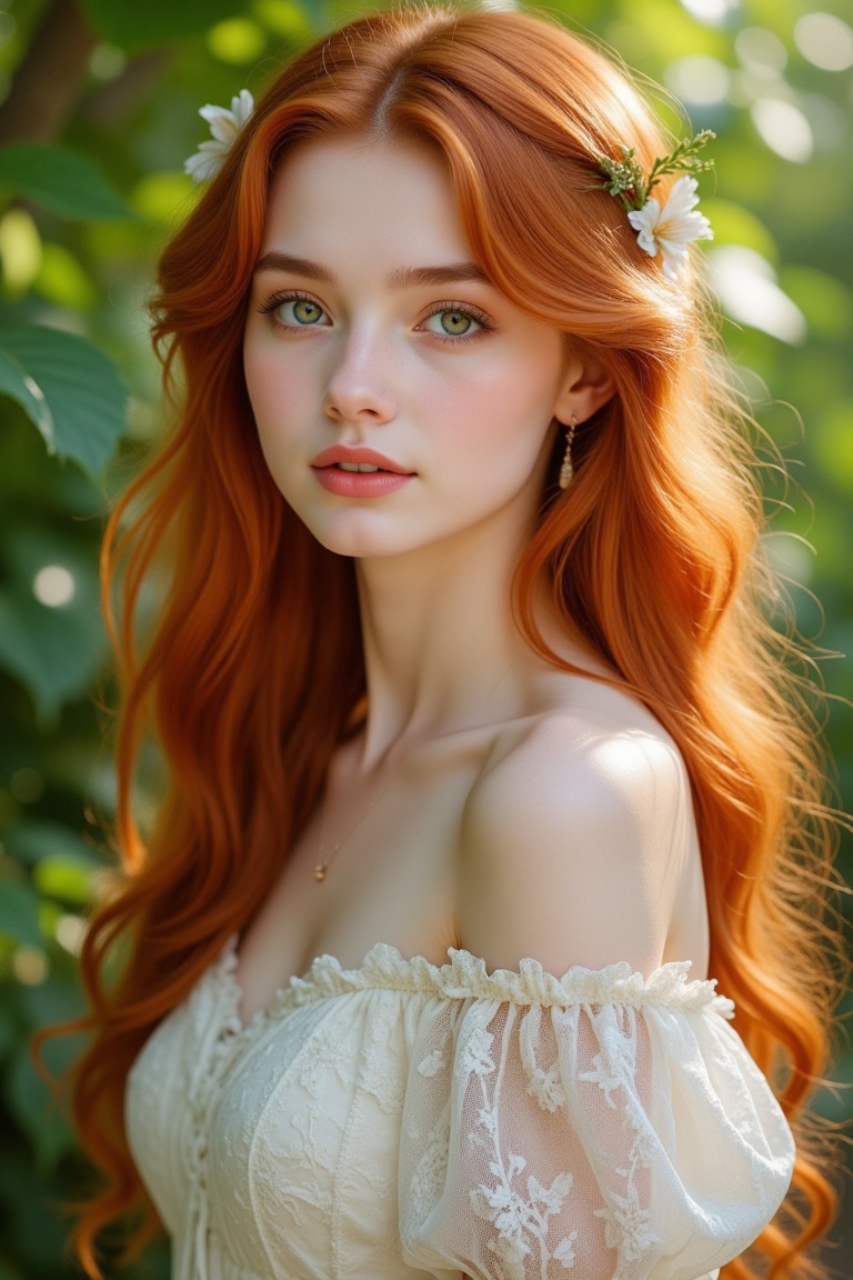 A breathtaking portrait of a young woman with long,  wavy,  fiery red hair cascading over her shoulders. She has striking...