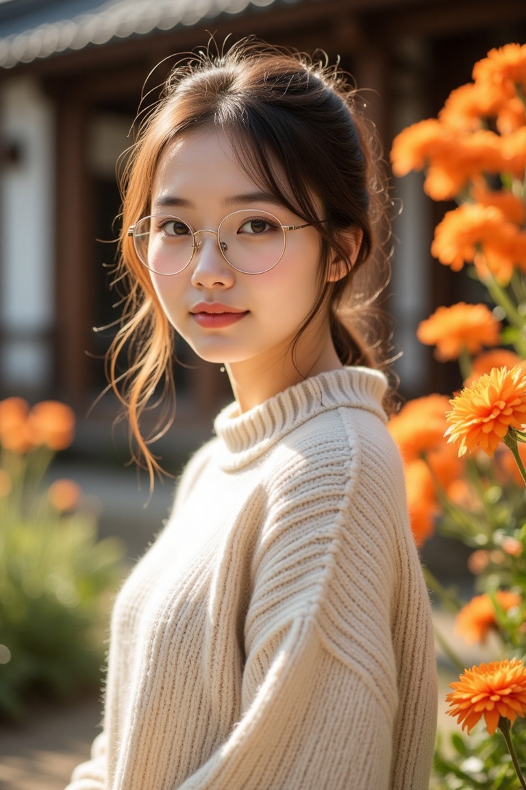 A young East Asian woman with delicate features,  light brown hair tied in a loose ponytail,  and fair skin stands gracefu...