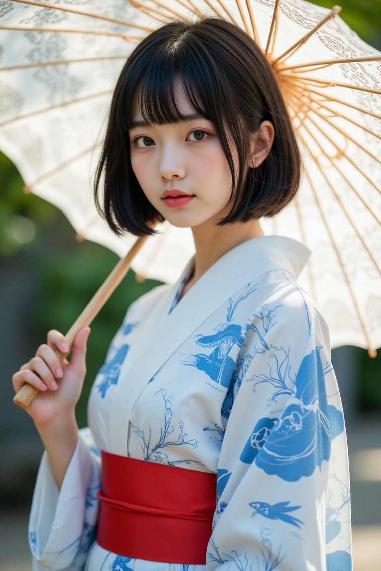 A young Japanese woman with short black hair and soft,  delicate facial features stands under a lace parasol,  her gaze ge...