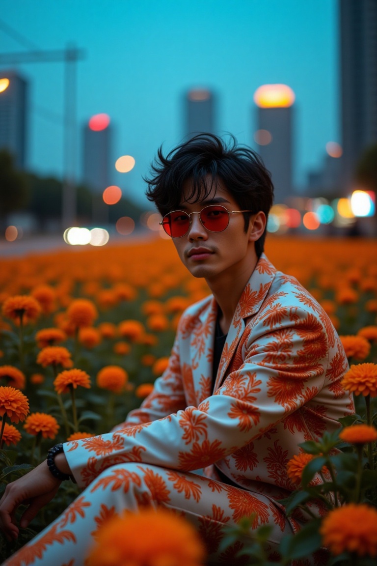 A stylish young man with messy,  wavy black hair sits in a field of vibrant orange flowers at dusk. He wears round,  tinte...
