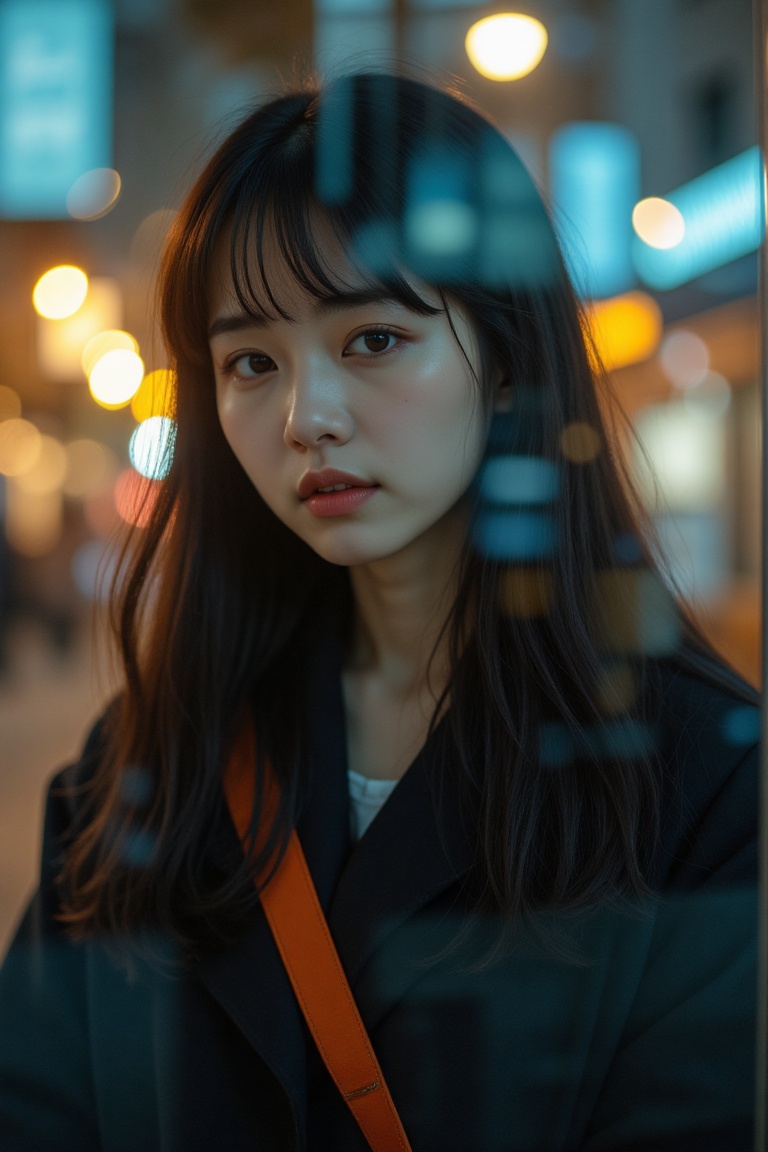A dreamy and artistic portrait of a young East Asian woman with long,  dark hair and soft bangs,  looking directly at the...