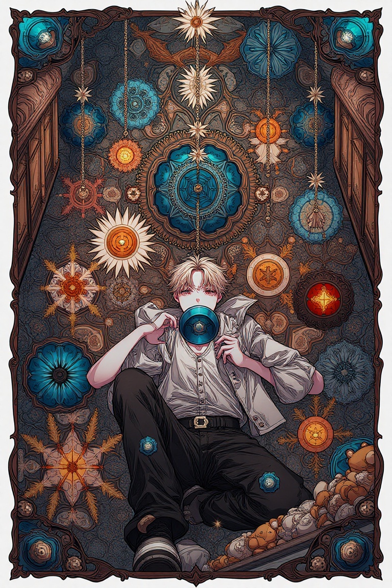 newest,  late,  1boy :| aqua_eyes belt belt_buckle black_pants blonde_hair blue_hair blurry blurry_foreground border buckl...