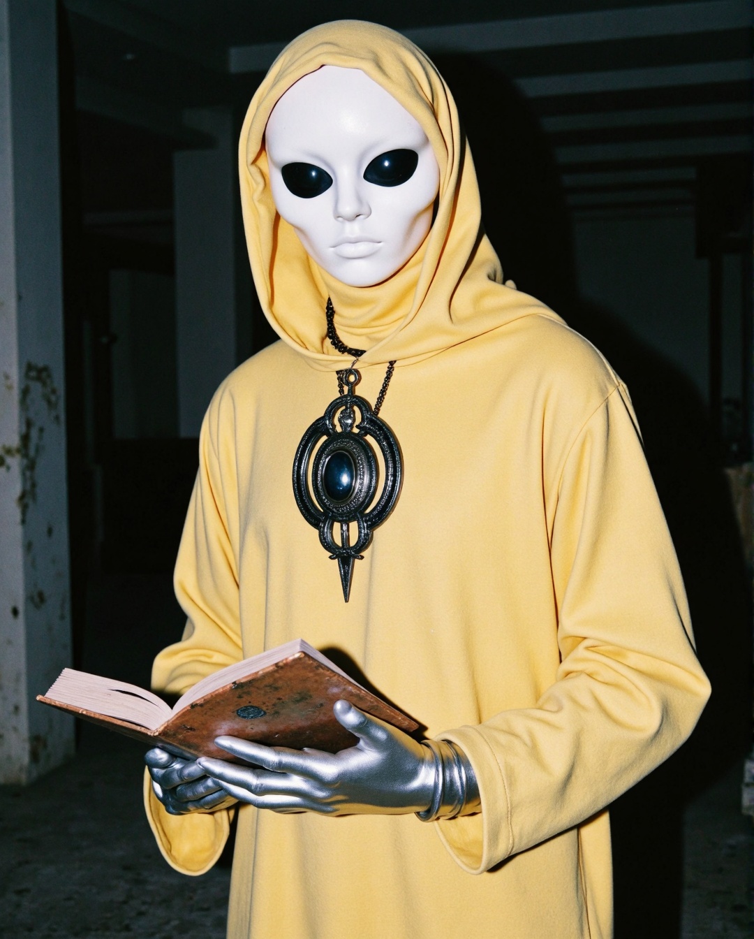 A mysterious,  cloaked figure wearing a flowing yellow robe and hood stands in a dimly lit,  ancient room. The figure has...