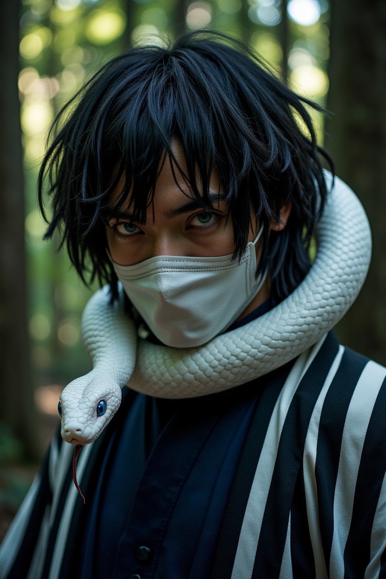 The realistic Obani Iguro in his Hollywood photography,  with his distinctive contrasting green and yellow eyes,  wears a...