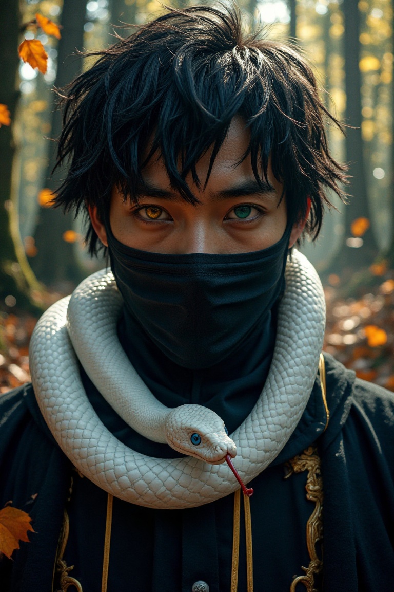 Obani Iguru,  a realistic Hollywood portrait with contrasting green and yellow eyes,  wears a mask covering his mouth. A w...
